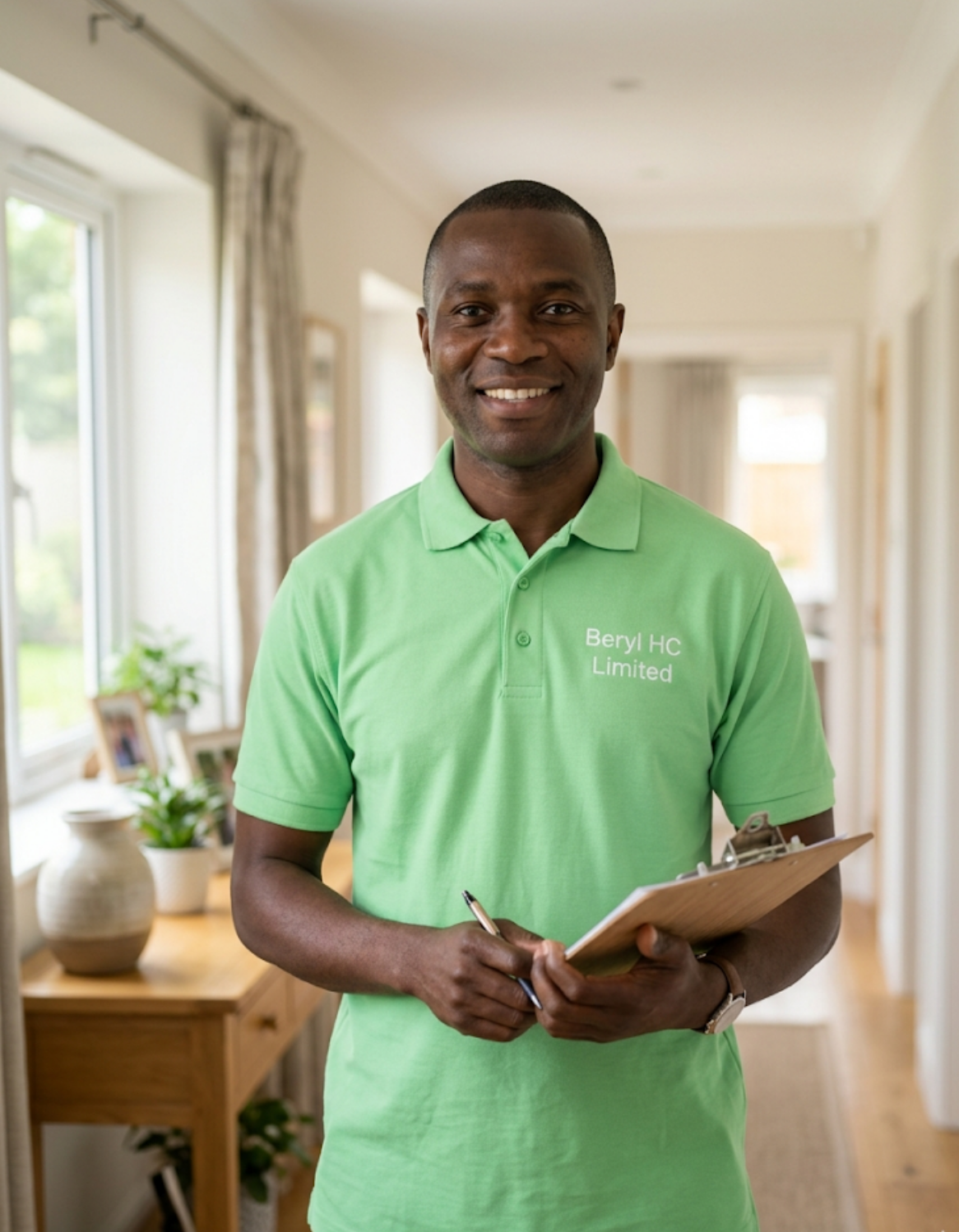 A male Beryl HC Limited care professional in a light green uniform holding a clipboard, reflecting the quality of carers that deliver Beryl Healthcare services